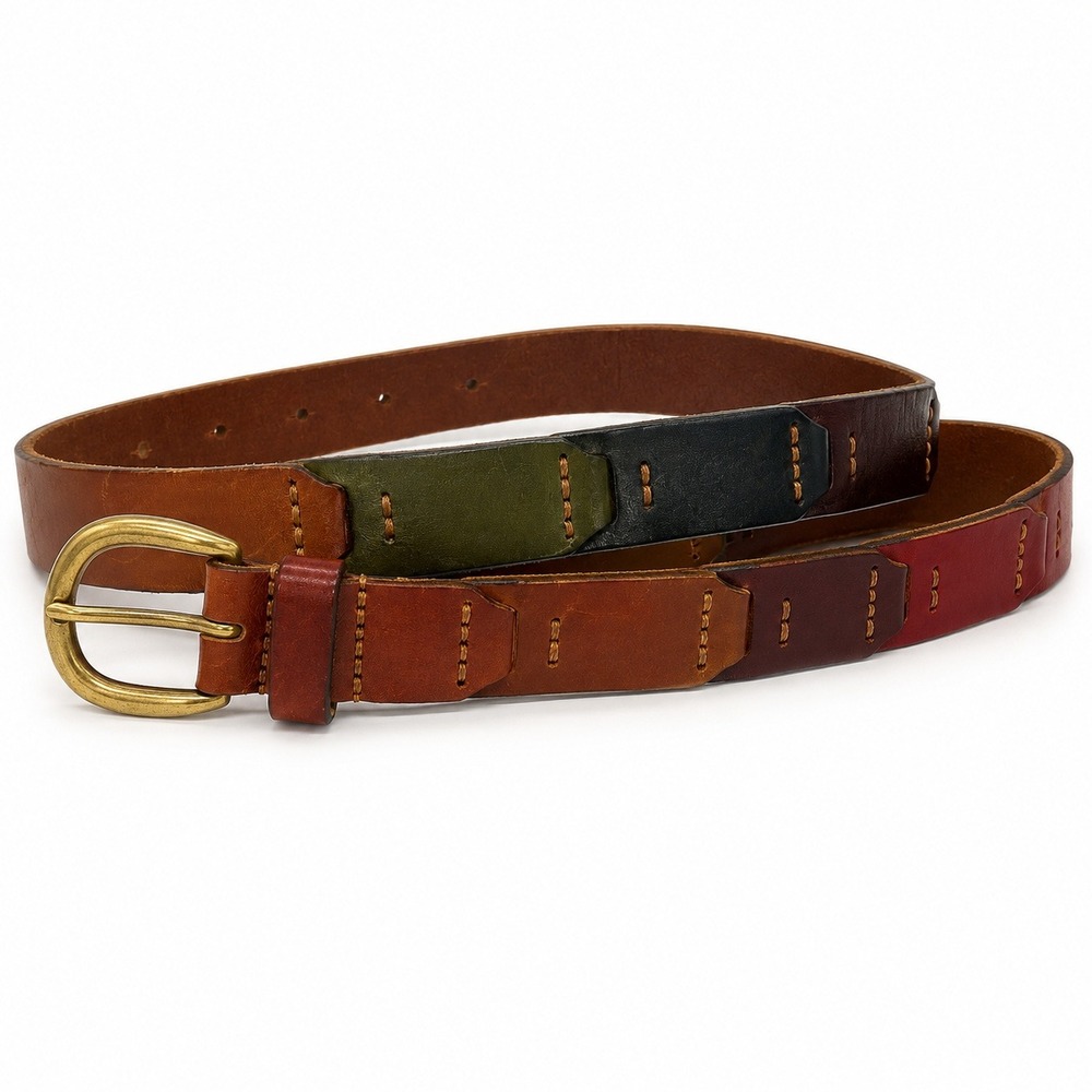 Vintage Fossil Patchwork Leather Belt Women's L Multicolor Boho Y2K Brass Buckle